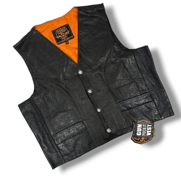 Milwaukee Mens 52 Black Premium Leather Biker Riding Vest Orange Lined VNeck NWT